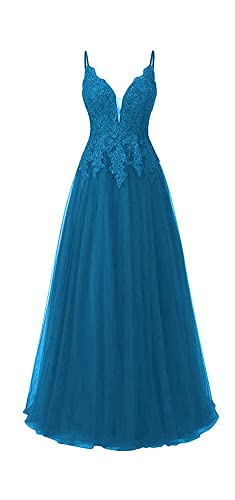 HUINI Ballkleid Damen Lang Elegant Abendkleid Hochzeit Brautjungfernkleid Cocktailkleider Tüll Glitzer Promkleider V-Ausschnitt Meerblau 32 von HUINI