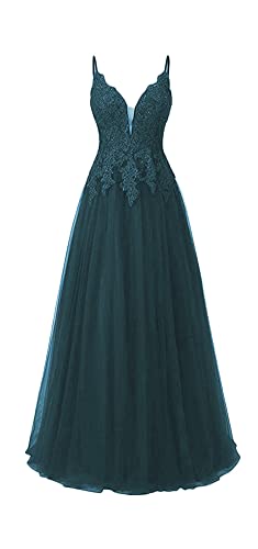 HUINI Ballkleid Damen Lang Elegant Abendkleid Hochzeit Brautjungfernkleid Cocktailkleider Tüll Glitzer Promkleider V-Ausschnitt Pfau 38 von HUINI