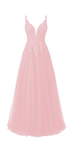 HUINI Ballkleid Damen Lang Elegant Abendkleid Hochzeit Brautjungfernkleid Cocktailkleider Tüll Glitzer Promkleider V-Ausschnitt Rosa 36 von HUINI