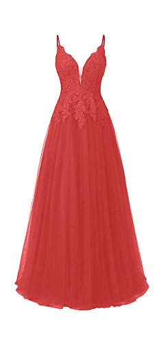 HUINI Ballkleid Damen Lang Elegant Abendkleid Hochzeit Brautjungfernkleid Cocktailkleider Tüll Glitzer Promkleider V-Ausschnitt Rot 46 von HUINI