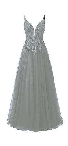 HUINI Ballkleid Damen Lang Elegant Abendkleid Hochzeit Brautjungfernkleid Cocktailkleider Tüll Glitzer Promkleider V-Ausschnitt Silber-grau 46 von HUINI