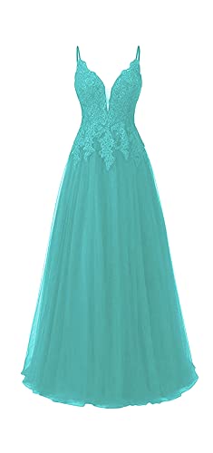 HUINI Ballkleid Damen Lang Elegant Abendkleid Hochzeit Brautjungfernkleid Cocktailkleider Tüll Glitzer Promkleider V-Ausschnitt Türkis 38 von HUINI