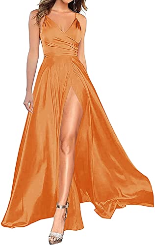 HUINI Ballkleid Damen Lang Satin Abschlussballkleid Satin A-Linie Abiballkleid Glitzer mit Schlitz Orange 48 von HUINI