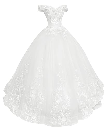 HUINI Ballkleid Tüll A-Linie Quinceanera Kleid Spitzen Formell Abendkleider Schulterfrei Lang Promkleid Weiß 36 von HUINI