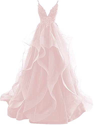 HUINI Ballkleider Damen Abendkleid Lang Elegant für Hochzeit Standesamtkleider Tüll Abschluss Partykleider Rosa 34 von HUINI