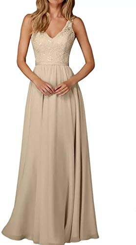 HUINI Ballkleider Lang A-Linie Abendkleid Hochzeitskleider Spitzen Brautjungfernkleider Damen Elegant Promkleider Party Mutterkleider Champagne 40 von HUINI