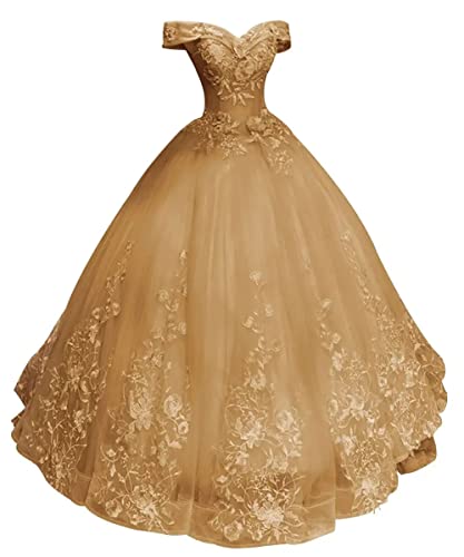 HUINI Ballkleider Lang Damen Schulterfrei Quinceanera Kleider Spitze Brautkleid Prinzessin A-Linie Abendkleid Gold 40 von HUINI