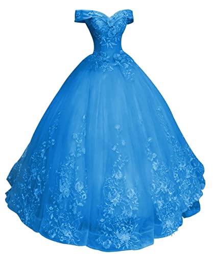HUINI Ballkleider Lang Damen Schulterfrei Quinceanera Kleider Spitze Brautkleid Prinzessin A-Linie Abendkleid Ozeanblau 56 von HUINI