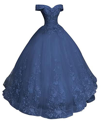 HUINI Ballkleider Lang Damen Schulterfrei Quinceanera Kleider Spitze Brautkleid Prinzessin A-Linie Abendkleid Teal 46 von HUINI