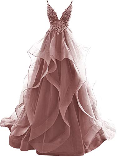 HUINI Ballkleider Lang Elegent Abendkleid Hochzeitskleider Standesamt Damen Tüll Abschlussballkleid Prinzessin Rückenfrei Altrosa 38 von HUINI