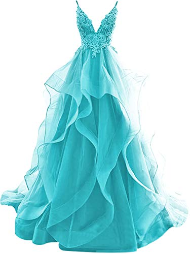 HUINI Ballkleider Lang Elegent Abendkleid Hochzeitskleider Standesamt Damen Tüll Abschlussballkleid Prinzessin Rückenfrei Aqua 36 von HUINI