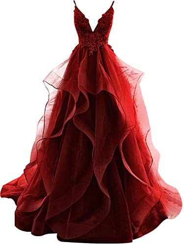 HUINI Ballkleider Lang Elegent Abendkleid Hochzeitskleider Standesamt Damen Tüll Abschlussballkleid Prinzessin Rückenfrei Burgund 32 von HUINI