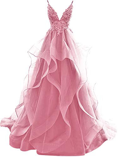 HUINI Ballkleider Lang Elegent Abendkleid Hochzeitskleider Standesamt Damen Tüll Abschlussballkleid Prinzessin Rückenfrei Hell Koralle 40 von HUINI