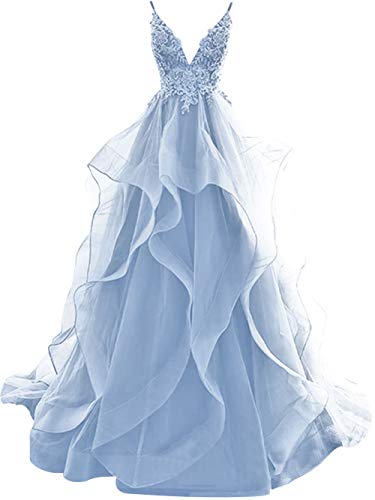 HUINI Ballkleider Lang Elegent Abendkleid Hochzeitskleider Standesamt Damen Tüll Abschlussballkleid Prinzessin Rückenfrei Hellblau 44 von HUINI