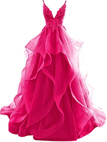 HUINI Ballkleider Lang Elegent Abendkleid Hochzeitskleider Standesamt Damen Tüll Abschlussballkleid Prinzessin Rückenfrei Hot pink 32 von HUINI