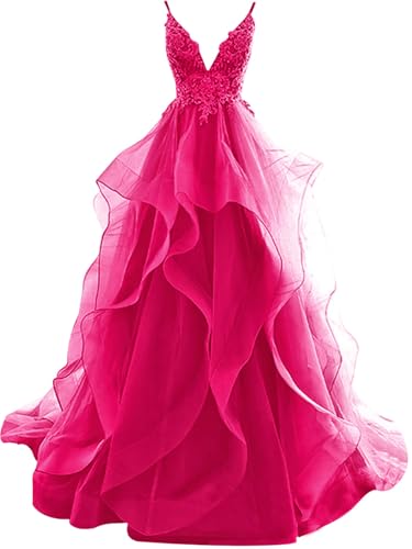 HUINI Ballkleider Lang Elegent Abendkleid Hochzeitskleider Standesamt Damen Tüll Abschlussballkleid Prinzessin Rückenfrei Hot pink 36 von HUINI