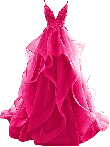 HUINI Ballkleider Lang Elegent Abendkleid Hochzeitskleider Standesamt Damen Tüll Abschlussballkleid Prinzessin Rückenfrei Hot pink 38 von HUINI