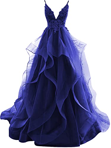 HUINI Ballkleider Lang Elegent Abendkleid Hochzeitskleider Standesamt Damen Tüll Abschlussballkleid Prinzessin Rückenfrei Königsblau 36 von HUINI