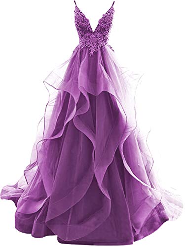 HUINI Ballkleider Lang Elegent Abendkleid Hochzeitskleider Standesamt Damen Tüll Abschlussballkleid Prinzessin Rückenfrei Purpur 32 von HUINI