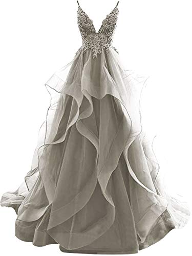 HUINI Ballkleider Lang Elegent Abendkleid Hochzeitskleider Standesamt Damen Tüll Abschlussballkleid Prinzessin Rückenfrei Silber 34 von HUINI