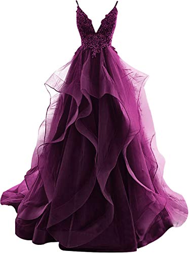 HUINI Ballkleider Lang Elegent Abendkleid Hochzeitskleider Standesamt Damen Tüll Abschlussballkleid Prinzessin Rückenfrei Traube 34 von HUINI