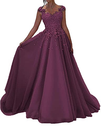 HUINI Ballkleider Lang Prinzessin Abendkleid Spitzen Hochzeitskleid für Damen V-Ausschnitt Festliche Partykleid Ärmellose Traube 40 von HUINI