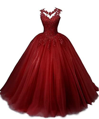 HUINI Ballkleider Lang Quinceanera Kleid A-Linie Prinzessin Abschluss Ballkleid Mädchen Abendparty Kleid Burgund 34 von HUINI