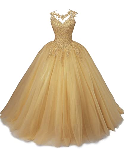 HUINI Ballkleider Lang Quinceanera Kleid A-Linie Prinzessin Abschluss Ballkleid Mädchen Abendparty Kleid Gold 42 von HUINI