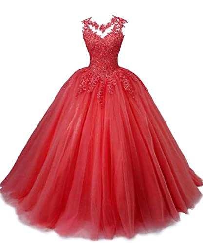 HUINI Ballkleider Lang Quinceanera Kleid A-Linie Prinzessin Abschluss Ballkleid Mädchen Abendparty Kleid Rot 38 von HUINI