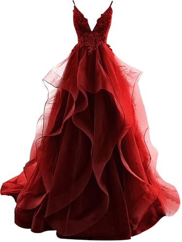 HUINI Ballkleider Lang Rüsche Abendkleid Rückenfrei Hochzeitskleider Standesamt Damen Tüll Abschlussballkleid Prinzessin Burgund 38 von HUINI