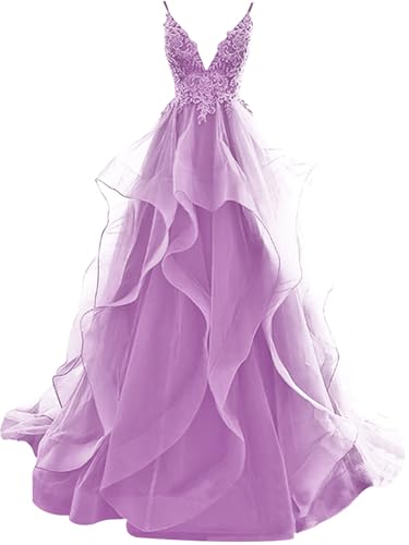HUINI Ballkleider Lang Rüsche Abendkleid Rückenfrei Hochzeitskleider Standesamt Damen Tüll Abschlussballkleid Prinzessin Flieder 38 von HUINI
