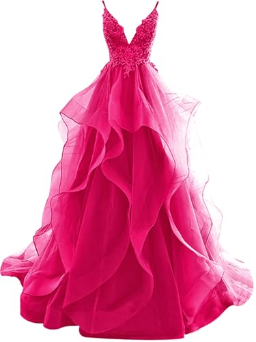 HUINI Ballkleider Lang Rüsche Abendkleid Rückenfrei Hochzeitskleider Standesamt Damen Tüll Abschlussballkleid Prinzessin Heißes Rosa 52 von HUINI
