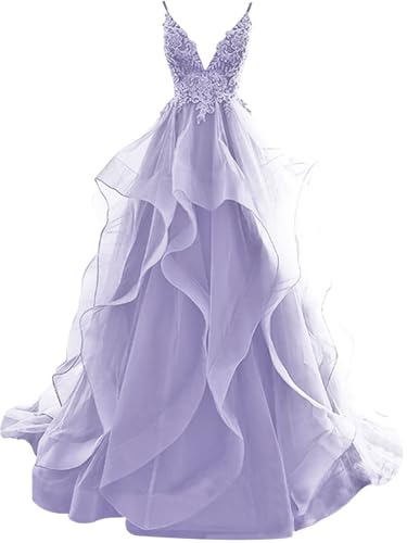 HUINI Ballkleider Lang Rüsche Abendkleid Rückenfrei Hochzeitskleider Standesamt Damen Tüll Abschlussballkleid Prinzessin Lavendel 54 von HUINI