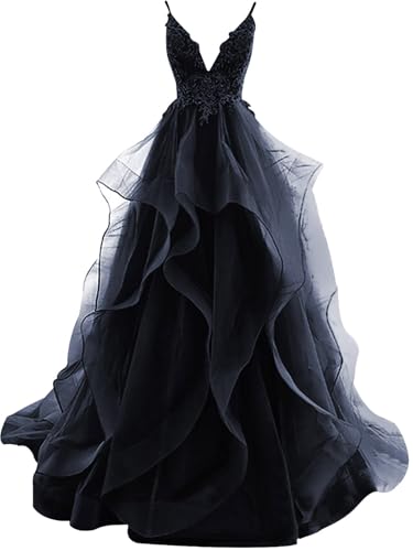 HUINI Ballkleider Lang Rüsche Abendkleid Rückenfrei Hochzeitskleider Standesamt Damen Tüll Abschlussballkleid Prinzessin Navy Blau 34 von HUINI