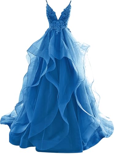 HUINI Ballkleider Lang Rüsche Abendkleid Rückenfrei Hochzeitskleider Standesamt Damen Tüll Abschlussballkleid Prinzessin Ozeanblau 34 von HUINI