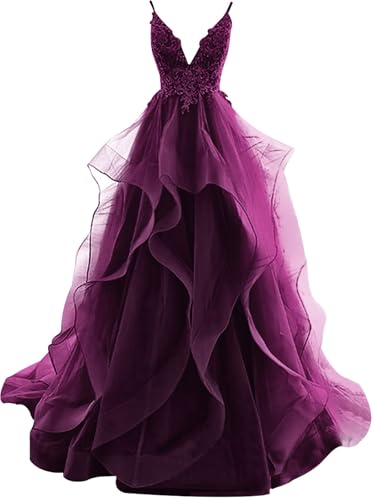 HUINI Ballkleider Lang Rüsche Abendkleid Rückenfrei Hochzeitskleider Standesamt Damen Tüll Abschlussballkleid Prinzessin Pflaume 38 von HUINI