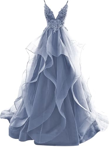 HUINI Ballkleider Lang Rüsche Abendkleid Rückenfrei Hochzeitskleider Standesamt Damen Tüll Abschlussballkleid Prinzessin Staubiges Blau 46 von HUINI