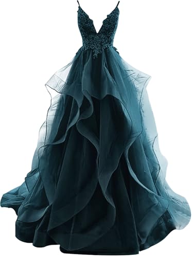 HUINI Ballkleider Lang Rüsche Abendkleid Rückenfrei Hochzeitskleider Standesamt Damen Tüll Abschlussballkleid Prinzessin Teal 40 von HUINI