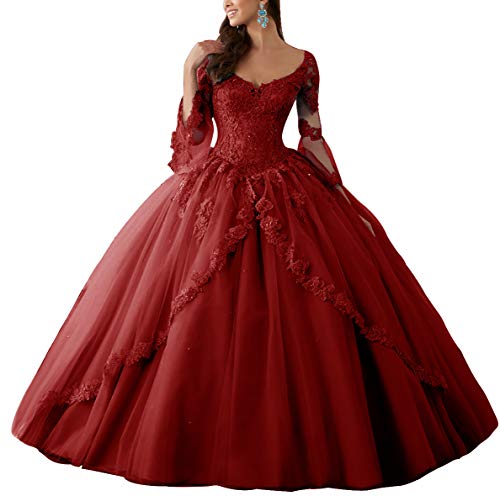 HUINI Ballkleider Lang Spitze Brautkleider Langarm Quinceanera Kleider Prinzessin V-Ausschnitt Hochzeitskleider Burgund 42 von HUINI