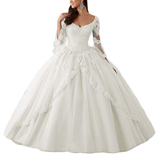 HUINI Ballkleider Lang Spitze Brautkleider Langarm Quinceanera Kleider Prinzessin V-Ausschnitt Hochzeitskleider Elfenbein 46 von HUINI