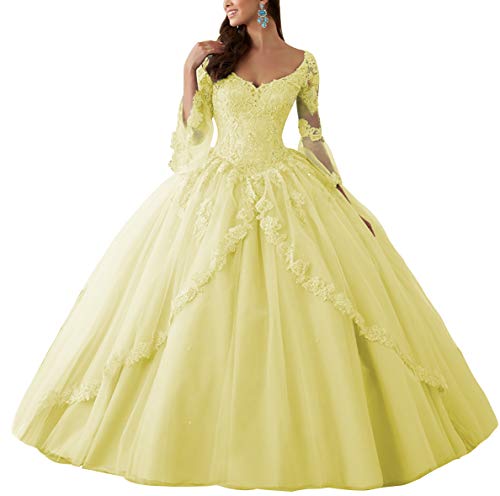 HUINI Ballkleider Lang Spitze Brautkleider Langarm Quinceanera Kleider Prinzessin V-Ausschnitt Hochzeitskleider Gelb 54 von HUINI