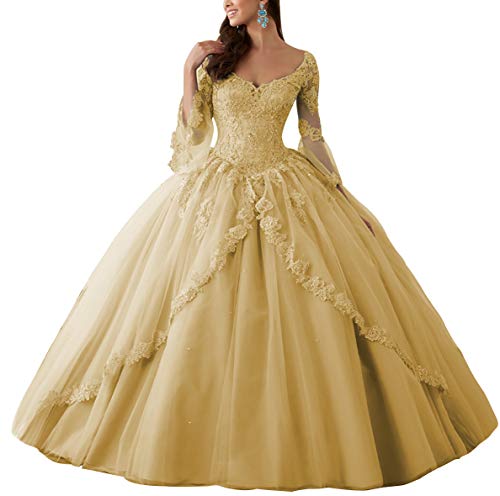 HUINI Ballkleider Lang Spitze Brautkleider Langarm Quinceanera Kleider Prinzessin V-Ausschnitt Hochzeitskleider Gold 38 von HUINI