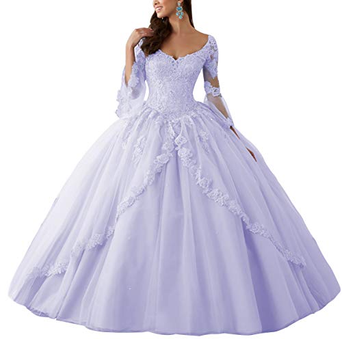 HUINI Ballkleider Lang Spitze Brautkleider Langarm Quinceanera Kleider Prinzessin V-Ausschnitt Hochzeitskleider Lila 46 von HUINI