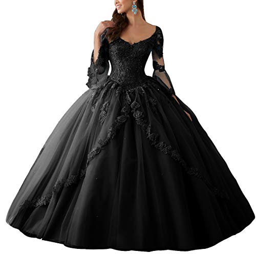 HUINI Ballkleider Lang Spitze Brautkleider Langarm Quinceanera Kleider Prinzessin V-Ausschnitt Hochzeitskleider Schwarz 46 von HUINI