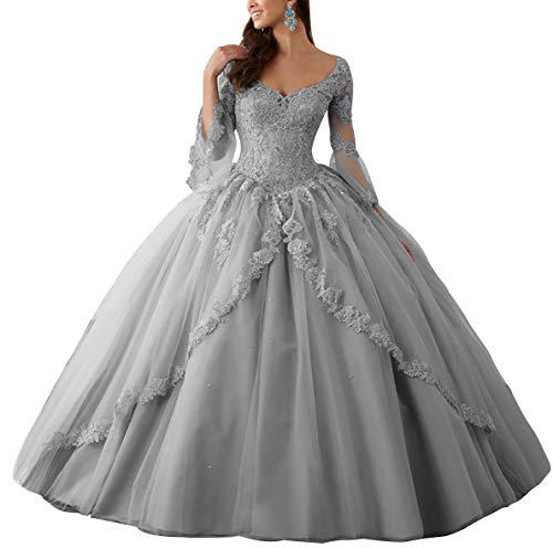 HUINI Ballkleider Lang Spitze Brautkleider Langarm Quinceanera Kleider Prinzessin V-Ausschnitt Hochzeitskleider Silber 46 von HUINI