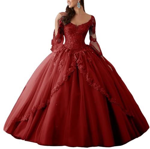 HUINI Ballkleider Lang Spitze Brautkleider Langarm Quinceanera Kleider V-Ausschnitt Prinzessin Hochzeitskleider Burgund 50 von HUINI
