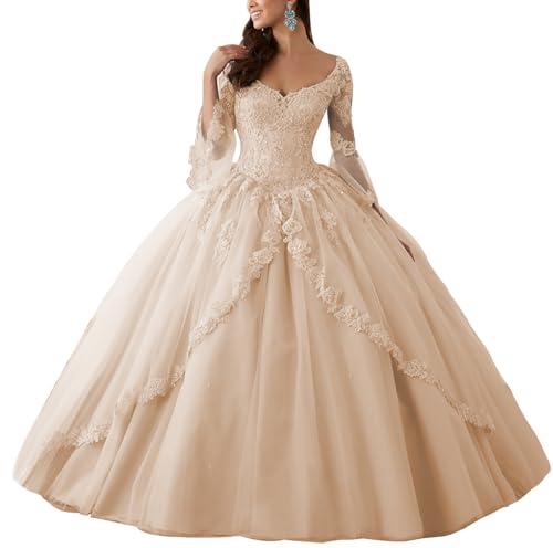 HUINI Ballkleider Lang Spitze Brautkleider Langarm Quinceanera Kleider V-Ausschnitt Prinzessin Hochzeitskleider Champagner 42 von HUINI