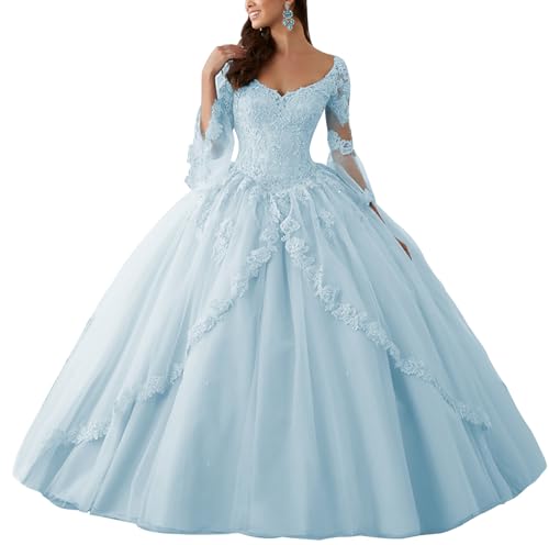 HUINI Ballkleider Lang Spitze Brautkleider Langarm Quinceanera Kleider V-Ausschnitt Prinzessin Hochzeitskleider Eisblau 38 von HUINI