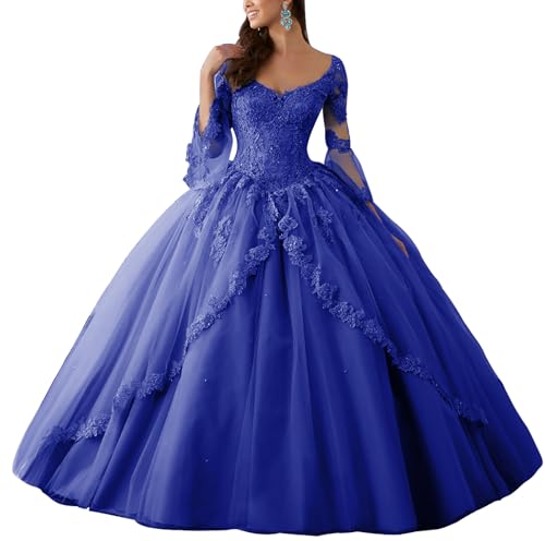 HUINI Ballkleider Lang Spitze Brautkleider Langarm Quinceanera Kleider V-Ausschnitt Prinzessin Hochzeitskleider Königsblau 38 von HUINI