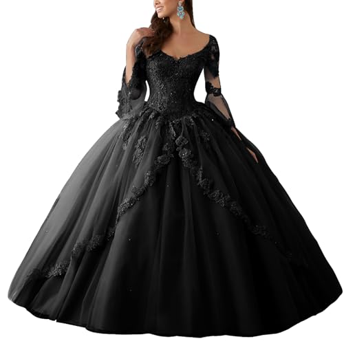 HUINI Ballkleider Lang Spitze Brautkleider Langarm Quinceanera Kleider V-Ausschnitt Prinzessin Hochzeitskleider Schwarz 48 von HUINI